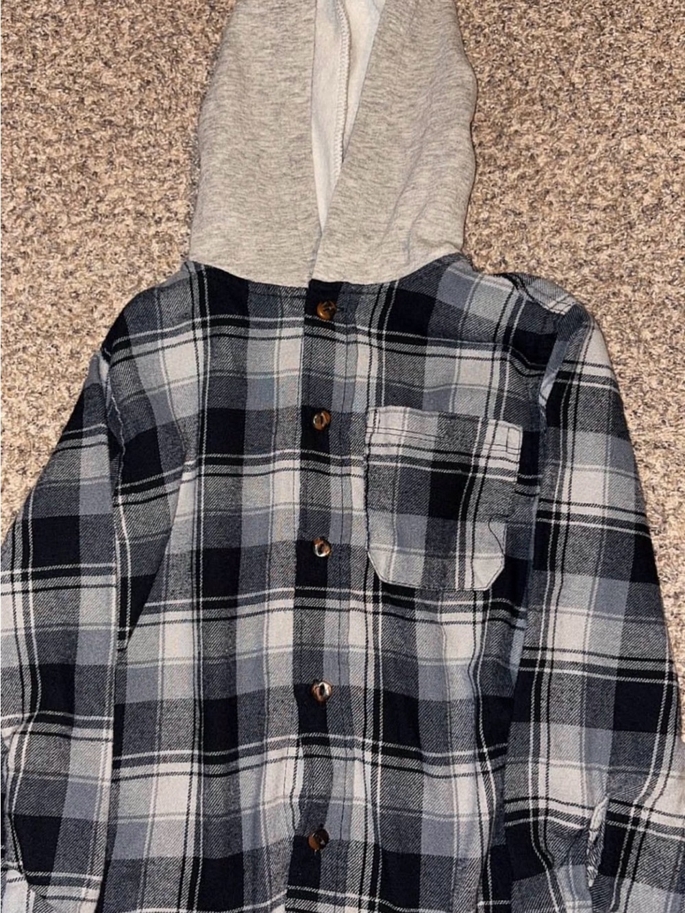 Kids Grey Plaid Hooded Button-Up Shirt